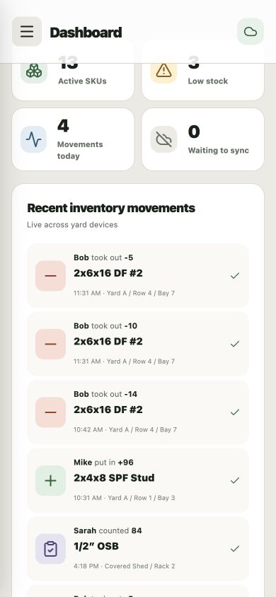 YardStock mobile manager view with recent inventory movements
